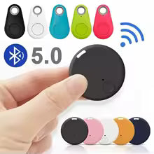 Black Bluetooth tracker with colorful options and wireless icons on a white background