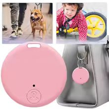Pink device with keychain attachment on a gray background, surrounded by images of a dog, child with toy, and person with pet.